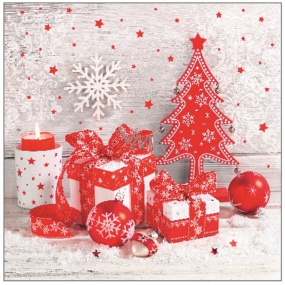 Aha Papierservietten 3-lagig 33 x 33 cm 20 Stück Weihnachtsweiß, roter Baum, rote Kugeln
