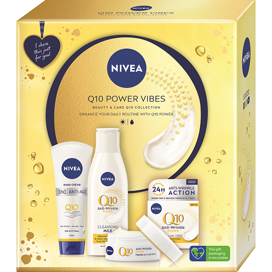 Nivea Q10 Power Vibes Q10 Anti-Age Handcreme 100 ml + Q10 Power Anti-Falten Reinigungslotion 200 ml + Q10 Power Anti-Falten Tagescreme 50 ml, Kosmetikset für Frauen