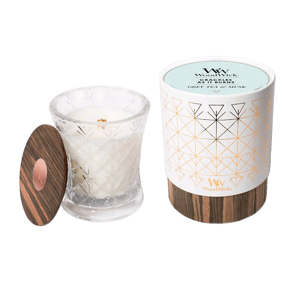WoodWick Grey Tea & Musk - Duftkerze mit grauem Tee und Moschus mit breitem Holzdocht und Deckelglas Medium Aura 275 g in einer Geschenkbox