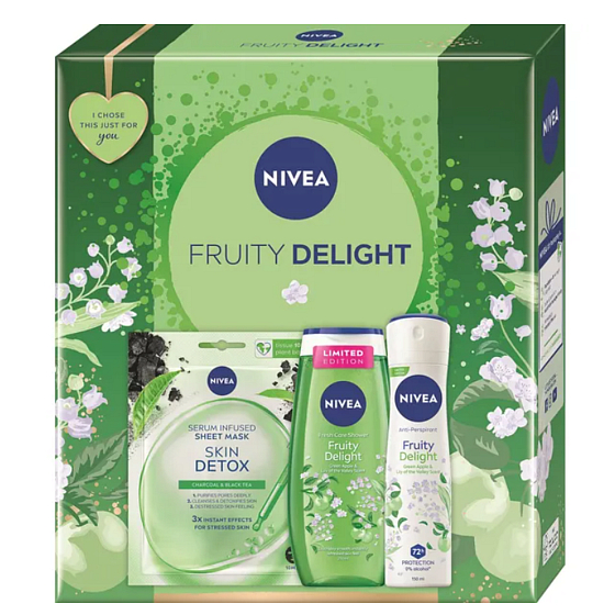 Nivea Fruity Delight detoxifizierende Textilmaske 1 Stück + Nivea Fruity Delight Duschgel 250 ml + Nivea Fruity Delight Antitranspirant Spray 150 ml, kosmetisches Set