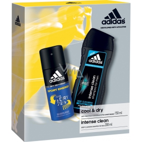 Adidas Cool & Dry 72h Sport Energy Antitranspirant Deospray für Männer 150 ml + Intense Clean Duschgel und Shampoo für normales Haar für Männer 200 ml, Kosmetikset