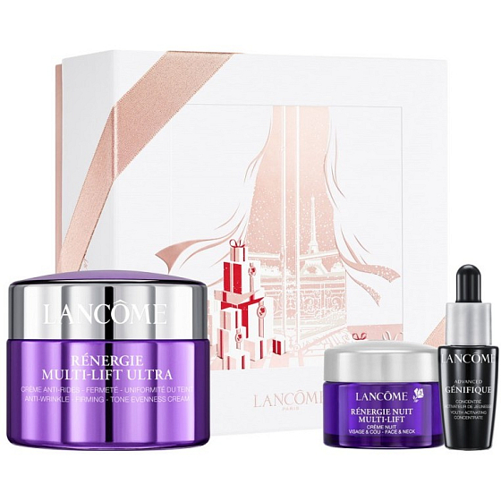Lancome Rénergie Multi-Lift Ultra straffende und straffende Tagescreme gegen Falten 50 ml + Nachtcreme 15 ml, Advanced Génifique Serum - Konzentrat zur Hautverjüngung 7 ml, Kosmetikset