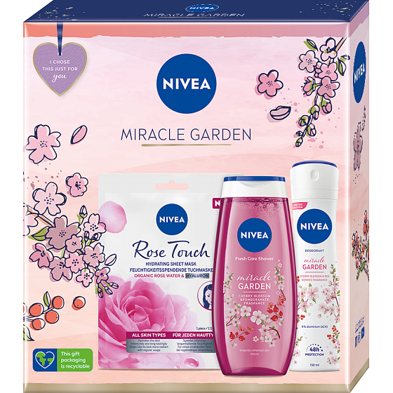 Nivea Miracle Garden Cherry Blossom & Red Berries 48h Antitranspirant Deodorant Spray 150 ml + Miracle Garden Cherry Blossom & Pomegranate Duschgel 250 ml + Rose Touch textile Gesichtsmaske 1 Stück, Kosmetikset für Frauen