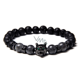 Lava schwarz + Wolfskopf-Armband elastischer Naturstein, Kugel 8 mm / 19 cm, geboren aus den vier Elementen