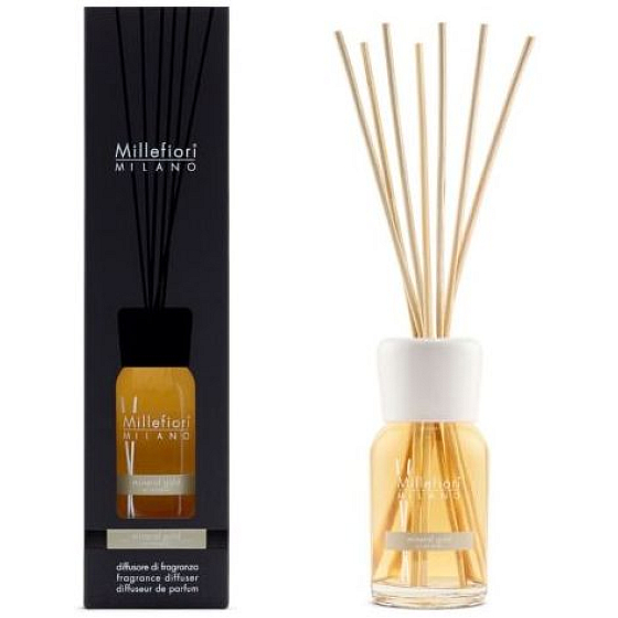 Millefiori Milano Naturmineral Gold - Mineral Gold Diffusor 100 ml + 7 Stiele 25 cm lang für kleinere Räume dauert 5-6 Wochen