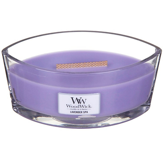 WoodWick Lavender Spa - Duftkerze Lavendel Spa mit breitem Holzdocht und Deckel, Glasboot 453 g