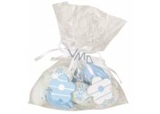Plastische blaue Eier zum Aufhängen von 4 cm, 8 Stück in einer Tüte mit 2 Blumen