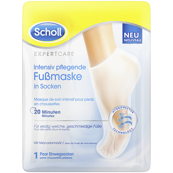Scholl PediMask Expert Care 20 Minuten pflegende Fußmaske mit Macadamiaöl, 1 Paar Slip-On-Socken