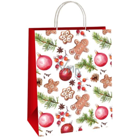 Ditipo Geschenkpapier Tasche 22 x 10 x 29 cm Weihnachten weiß Dekorationen, Lebkuchen, Tannenzapfen, Zweige