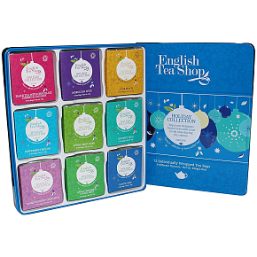 English Tea Shop Bio Blue Dekorationen Schwarzer Tee + Schokolade, Kirsche und Kokosnuss + marokkanische Gewürze + scharfer Pfirsich + Minze und Wassermelone + weiße Minzschale + Kokosnuss-Chai + süße Hagebutte mit Zimt + Apfel, Zimt und Earl Grey + Süßigkeiten, 72 Stück Tee, 9 Geschmacksrichtungen 108 g, Geschenkset in einer Blechdose