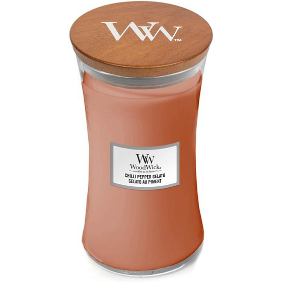 WoodWick Chilli Pepper Gelato - Eiscreme mit Chili und Pfeffer Duftkerze mit Holzdocht und Deckel Glas groß 609 g