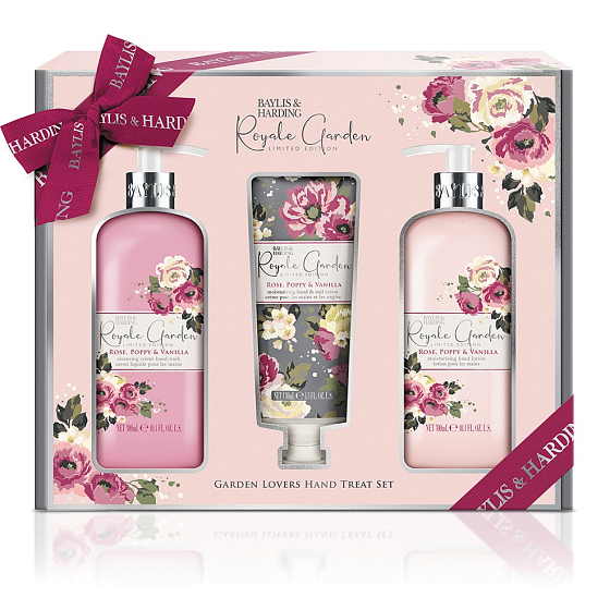 Baylis & Harding Rose, Poppy and Vanilla Flüssigseifenspender 300 ml + Handlotion 300 ml + Hand- und Nagelcreme 130 ml, Kosmetikset für Frauen