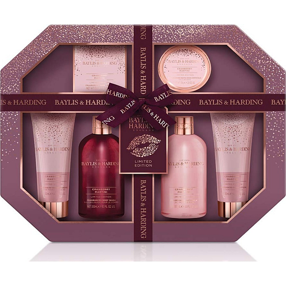 Baylis & Harding Cranberry Martini Reinigungsgel 300 ml + Bademilch 300 ml + Seife 150 g + Duschcreme 130 ml + Körperlotion 130 ml + Badesalz 100 g, Kosmetikset
