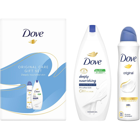 Dove Original Deeply Nourishing feuchtigkeitsspendendes Duschgel 250 ml + Original Antitranspirant Deodorant Spray 150 ml, Kosmetikset für Frauen