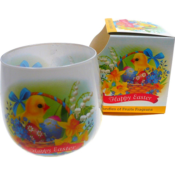 Santo Candles Happy Easter Chick und Eier in einem Korb Duftkerze in einem Glas von 100 g