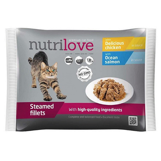 Nutrilove Geschmorte Filets mit saftigem Hähnchen in Sauce, gedünstete Filets mit saftigem Lachs in Sauce kompletter Katzenfutterbeutel 4 x 85 g