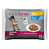 Nutrilove Geschmorte Filets mit saftigem Hähnchen in Sauce, gedünstete Filets mit saftigem Lachs in Sauce kompletter Katzenfutterbeutel 4 x 85 g