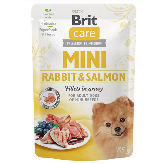 Brit Care Mini Rabbit & Lachsfilets in Soße komplettes Super-Premium-Futter für erwachsene Hunde kleiner Rassen Beutel 85 g