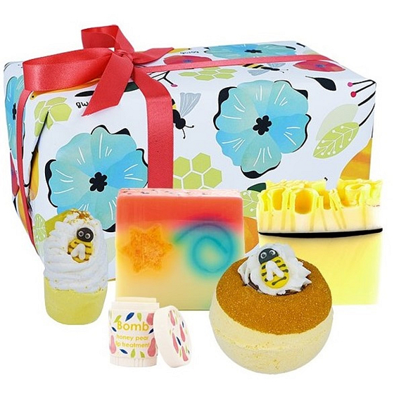 Bomb Cosmetics Schöner Honig - Bienenautöser prickelnder ballistischer Badeball 160 g + Badeblock 50 g + Glycerinseife 2 x 100 g + Lippenbalsam 4,5 g, Kosmetikset