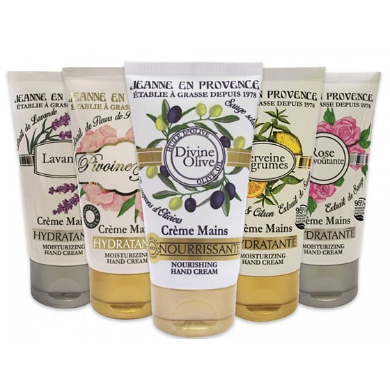 Jeanne en Provence Lavendel-Handcreme 75 ml + Pfingstrosenfee-Handcreme 75 ml + Oliven-Handcreme 75 ml + Eisenkraut-Zitronen-Handcreme 75 ml + Fesselnde Rosen-Handcreme 75 ml, Kosmetikset für Damen