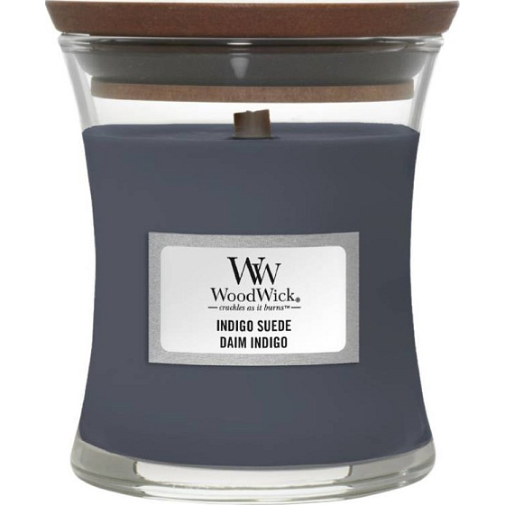WoodWick Indigo Suede - Blaue Wildleder-Duftkerze mit Holzdocht und Deckelglas klein 85 g