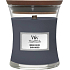 WoodWick Indigo Suede - Blaue Wildleder-Duftkerze mit Holzdocht und Deckelglas klein 85 g