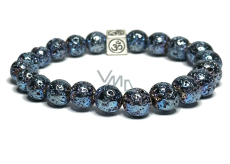 Lava blau überzogen mit königlichem Mantra Om, Armband elastischer Naturstein, Kugel 8 mm / 16-17 cm, geboren aus den vier Elementen