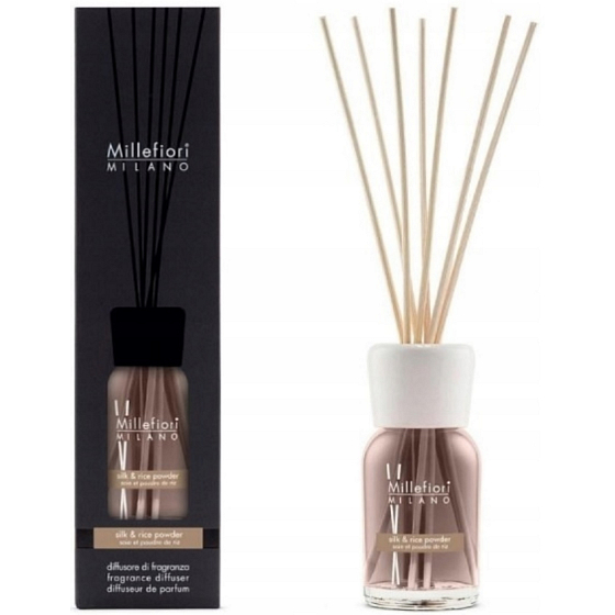 Millefiori Milano Natural Silk & Rice Powder - Silk & Rice Powder Diffuser 100 ml + 7 Stängel von 25 cm Länge für kleinere Räume hält 5-6 Wochen