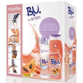 B.U. In Action Protect Plus Antitranspirant Deodorant Spray für Frauen 150 ml + In Action Joghurt + Papaya Duschgel 250 ml, Kosmetikset