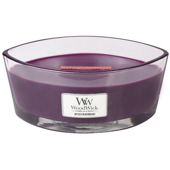 WoodWick Spiced Blackberry - Würzige Brombeerduftkerze mit Holzdocht und Glasbootsdeckel 453 g
