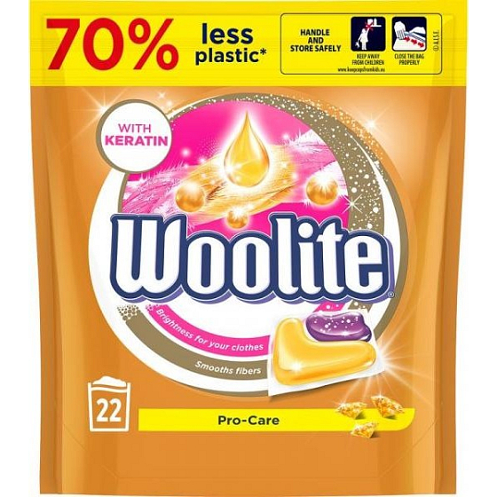 Woolite Pro-Care Keratin-Gelkapseln zum Waschen empfindlicher Wäsche machen die Fasern von 22 Teilen weich und schützen sie