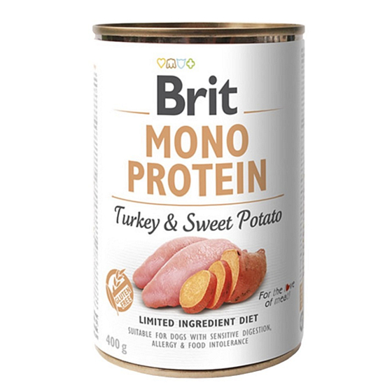Brit Mono Protein Turkey mit Süßkartoffeln 100% reines Puteneiweiß komplettes Hundefutter 400 g