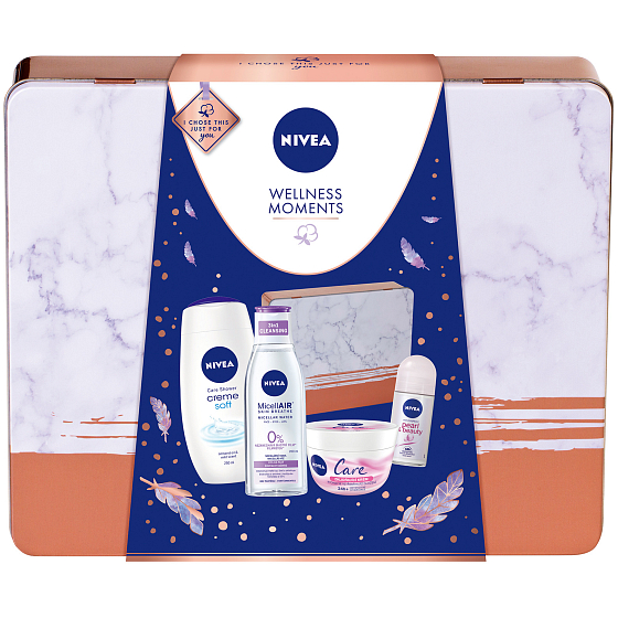 Nivea Wellness Moments Creme Weiches Duschgel 250 ml + beruhigendes Mizellenwasser 200 ml + Black & White Clear Antitranspirant Roll-on 50 ml + Pflegecreme 200 ml + Dosenbox, Kosmetikset