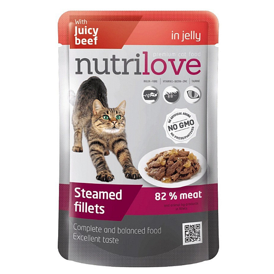Nutrilove Geschmorte Filets mit saftigem Rindfleisch in Gelee komplett Katzenfutterbeutel 85 g