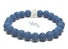 Lava dunkelblau mit königlichem Mantra Om, Armband elastischer Naturstein, Kugel 8 mm / 16-17 cm, geboren aus den vier Elementen