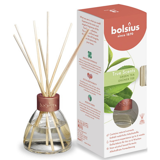 Bolsius Aromatic True Scents Green Tea - Grüner Tee Diffusor mit Stäbchen 45 ml