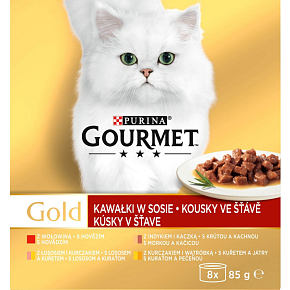 Purina Gourmet Gold für Katzen, Rind, Truthahn mit Ente, Lachs mit Hühnchen, Hühnchen mit Leber, 8x85 g