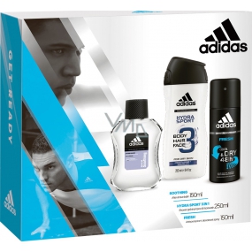 Adidas Beruhigender After Shave Balsam 100 ml + Cool Dry Fresh Antitranspirant Deodorant Spray für Männer 150 ml + Hydra Sport 3 in 1 Körperduschgel 250 ml, Kosmetikset