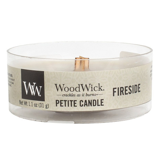 WoodWick Fireside - Kaminfeuer-Duftkerze mit hölzernem Docht petite 31 g