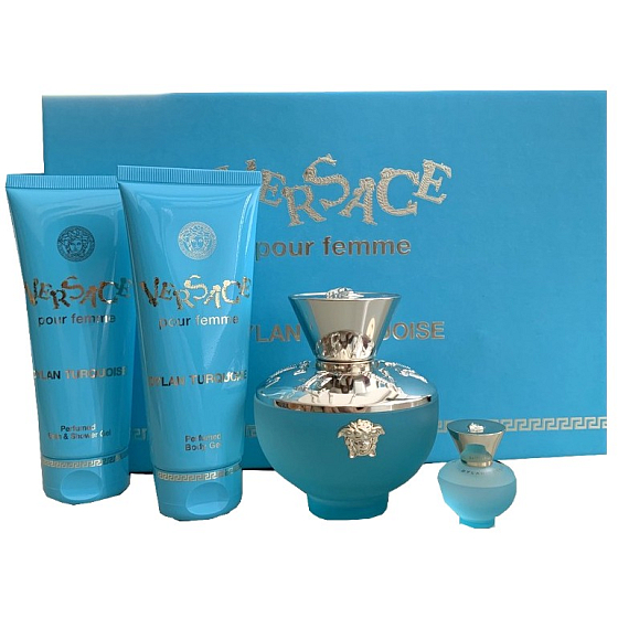 Versace Dylan Turquoise Eau de Toilette für Frauen 100 ml + Duschgel 100 ml + Körpergel 100 ml + Eau de Toilette 5 ml, Geschenkset für Frauen