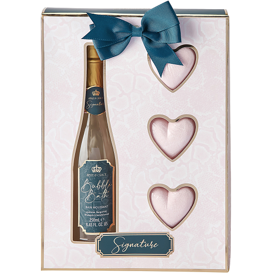 Sunkissed Champagne Signature Badeschaum 250 ml + prickelnde Badeherzen 3 x 50 g, Kosmetikset für Frauen
