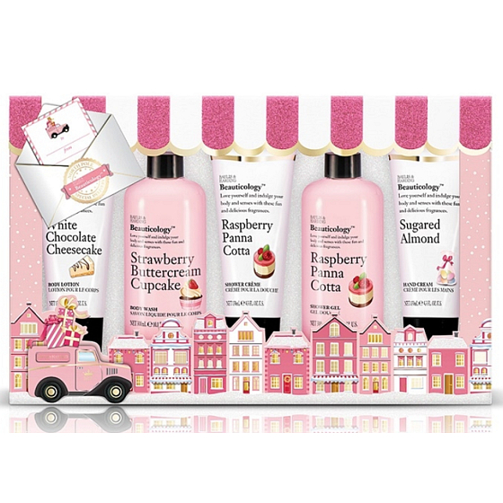 Baylis & Harding Pink Collection Erdbeerkuchen-Flüssigseife 30 ml + Himbeer-Panna-Cotta-Duschgel 130 ml + Himbeer-Panna-Cotta-Duschgel 300 ml + Weiße Schokoladen-Käsekuchen-Körperlotion 130 ml + Zucker-Mandel-Handcreme 130 ml, Kosmetikset