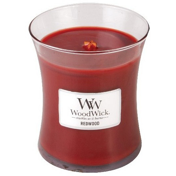 WoodWick Redwood - Sandelholz-Duftkerze mit Holzdocht und Glasdeckel Medium 275 g