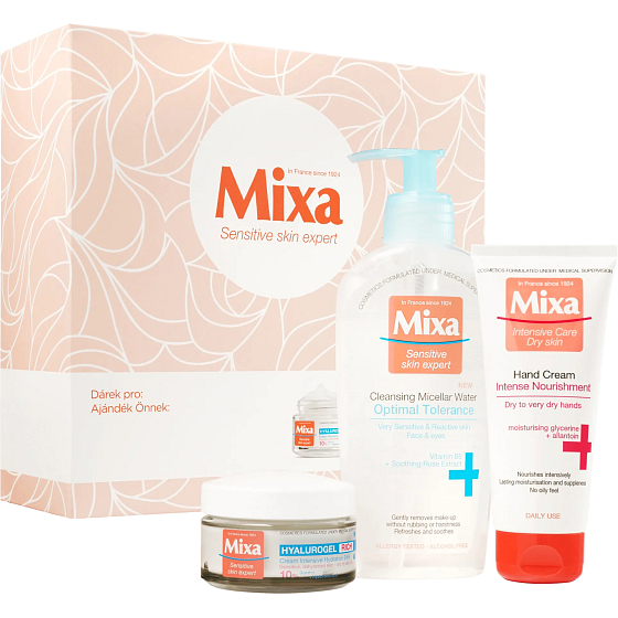 Mixa Hyalurogel Rich intensive feuchtigkeitsspendende Tagescreme mit Hyaluronsäure 50 ml + Optimal Tolerance Mizellenwasser 200 ml + Intense Nourishment nährende Handcreme 100 ml, Kosmetikset für Frauen