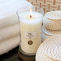 WoodWick Linen - Reine Leinen Duftkerze mit Holzdocht und Deckel Glas mittel 275 g
