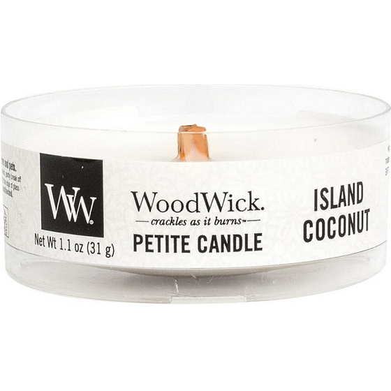WoodWick Island Coconut - Kokosnussinsel-Duftkerze mit zierlichem Holzdocht 31 g