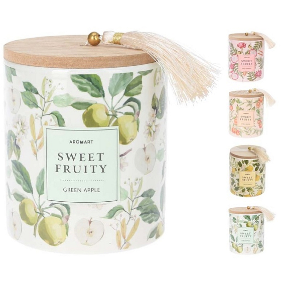 Emocio Sweet Fruit Duftkerze aus Keramik mit Holzdeckel 90 x 117 mm verschiedene Motive