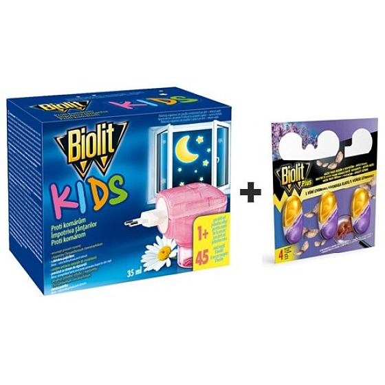 Biolit Kids Electric Vaporizer und Flüssigkeitsnachfüllung 45 Nächte gegen Mücken 35 ml + Biolit Plus M Gel mit Lavendeldufthaken gegen Motten und Milben 3 Stück