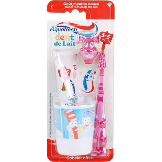 Aquafresh Dent de Lait Zahnpasta 50 ml + Zahnbürste + Tasse, rosa Set für Kinder