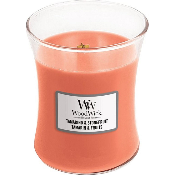 WoodWick Tamarind & Stonefruit - Duftkerze aus Tamarinde und Stein mit Holzdocht und Deckelglas Medium 275 g